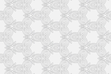 3D volumetric convex embossed white background. Ethnic Indian geometric pattern with handmade elements. A unique ornament for design and decor, textiles, wallpapers, presentations, business cards.