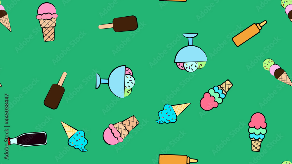 Poster endless green seamless pattern of a set of icons of delicious food and snacks items for a cafe bar r