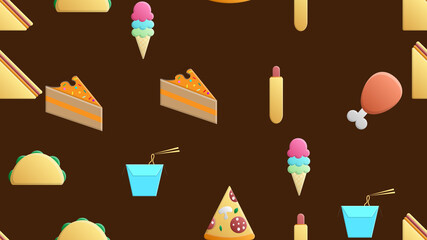 Endless brown seamless pattern of delicious food and snack items icons set for restaurant bar cafe: noodles, pizza, chicken leg, hot dog, ice cream, cake, sandwich, burrito. The background