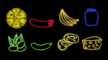 Neon bright glowing multicolored set of eight icons of delicious food and snack items for restaurant bar cafe: fries, soda, olive oil, tea, popcorn, mushroom, pizza