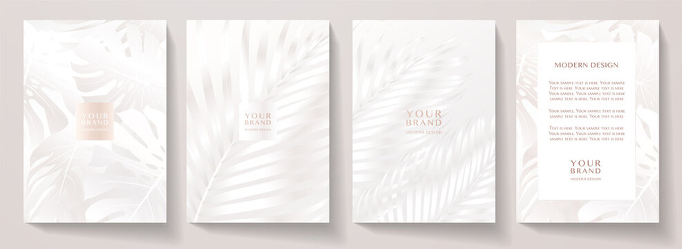 Modern white cover design set. Creative fashionable background with abstract floral pattern. Elegant tropical vector collection for wedding invite, brochure template, magazine layout, beauty booklet