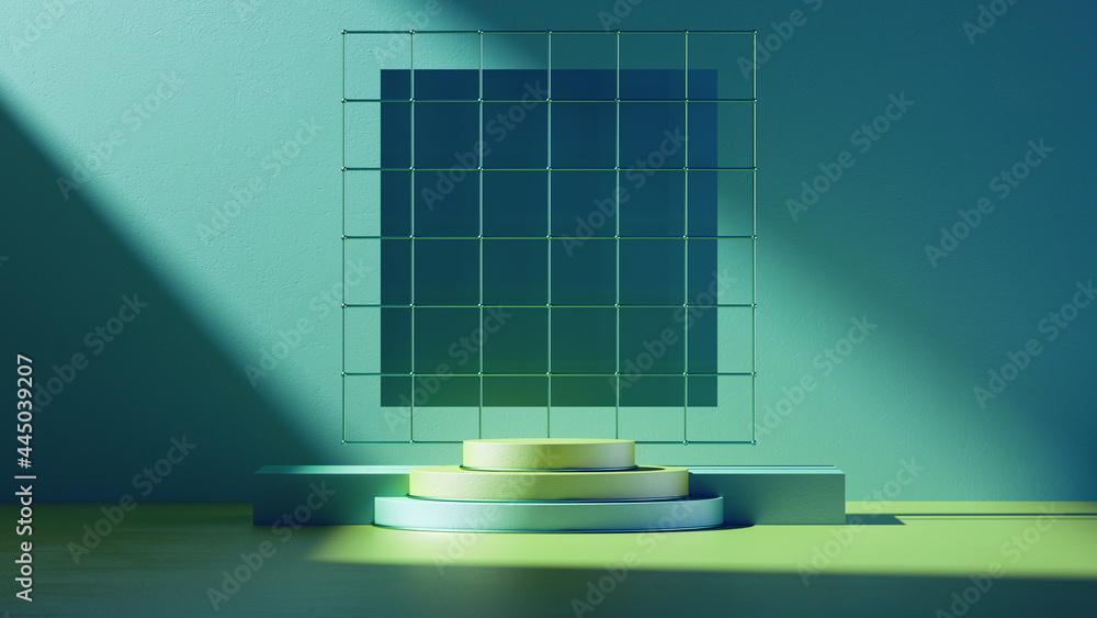 Poster 3d render. minimal abstract geometric background with direct sunlight in shades of emerald green and