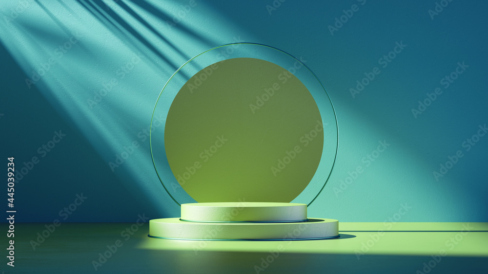 Poster 3d render. abstract modern minimal showcase scene with blank board, round frame and stage podium for