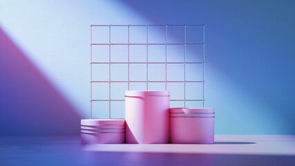 3d render. Abstract modern minimal showcase scene with three pink pedestals for product presentation, illuminated with sunlight. Geometric shapes and metallic grid on blue background