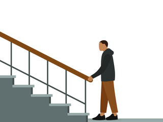 Male character stands near the stairs and holds the railing with his hand on a white background
