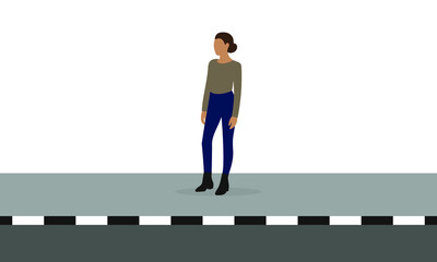 Fototapeta na wymiar Female character stands on the sidewalk on a white background
