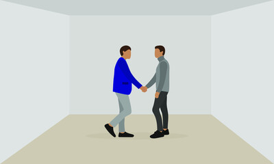Two male characters shaking hands in an empty room