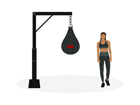 Female Character In Sportswear And Punching Bag On White Background