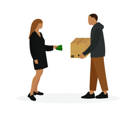 Female character giving money to male character with cardboard box in hands isolated on white background
