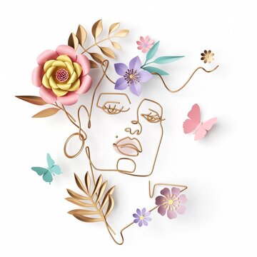 3d Render, Abstract Fashion Woman Portrait. Female Face Made Of Golden Wire, Paper Flowers And Leaves, Simple Linear Art Isolated On White Background