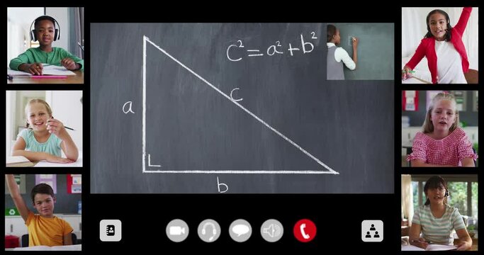 Animation of interface screen with chalkboard, teacher and six diverse children in online lesson