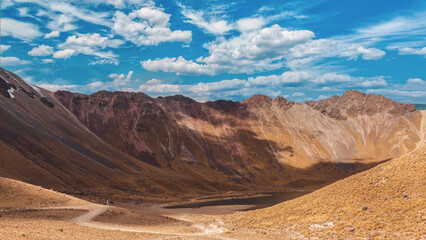 Panoramic view from the top of the mountains in Mexico, the view is incredible, the lake in the middle of the crater due to the thaw