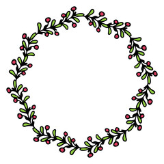 vector wreath of mistletoe, red berries and green leaves.round pattern of a doodle-style twig with round red berries and green leaves with an empty space inside wreaths on a white background for a Chr