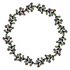 vector wreath of mistletoe, red berries and green leaves.round pattern of a doodle-style twig with round red berries and green leaves with an empty space inside wreaths on a white background for a Chr