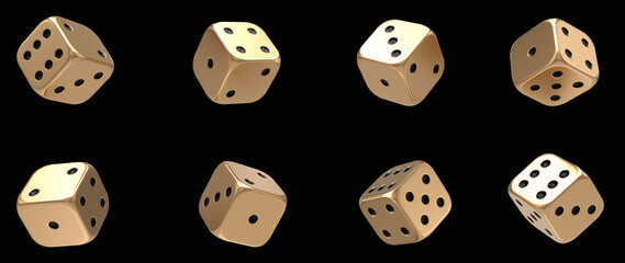 Pack Of Modern Golden And Black Casino Dices Isolated On The Black Background. Gambling Concept - 3D Illustration	
 - obrazy, fototapety, plakaty