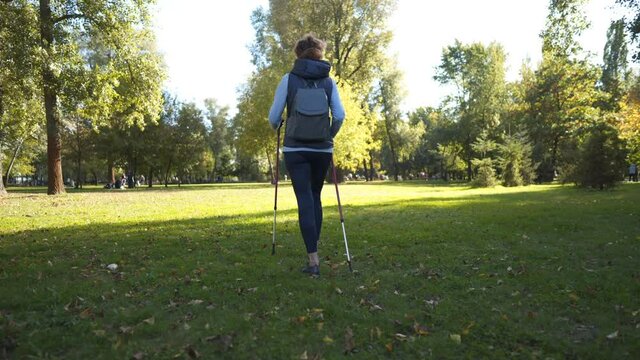 Mature woman walking in park with nordic walking sticks in sunny weather. Senior female workout scandinavian walking in nature. Elderly fit sportswoman cardio exercise with poles in hands outdoor.