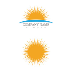 summer beach coast island, sea ocean with birds and summer sun rays logo design inspiration