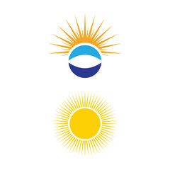 summer beach coast island, sea ocean with birds and summer sun rays logo design inspiration