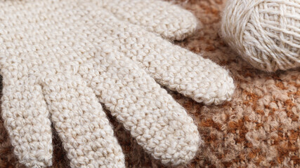 Close-up of crocheted wool glove, natural color, with ball of wool. Single crochet stitch.