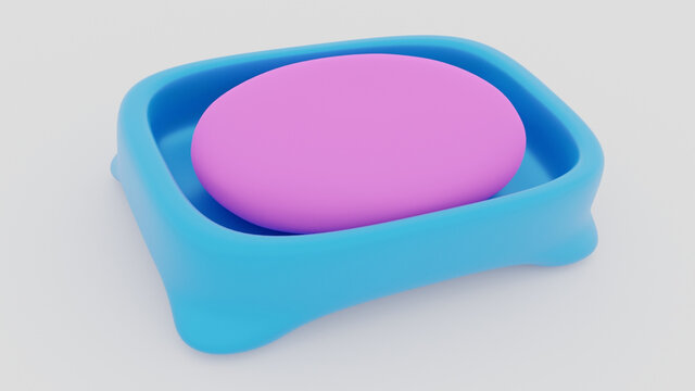 Illustration of purple soap in a blue dish isolated on a white background