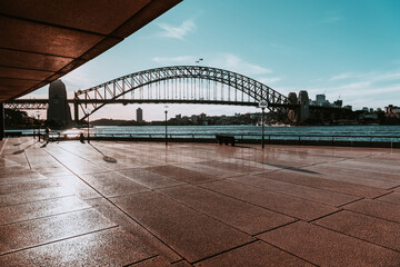 "Sydney, NSW / Australia - April 17, 2020: Sydney Opera House and Circular Quay surroundings completely isolated and with social distancing under lockdown due to Coronavirus outbreak"