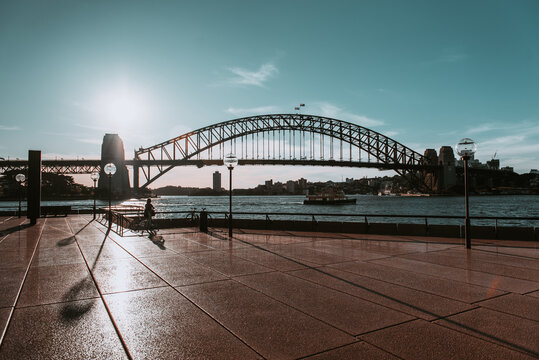 "Sydney, NSW / Australia - April 17, 2020: Sydney Opera House and Circular Quay surroundings completely isolated and with social distancing under lockdown due to Coronavirus outbreak"