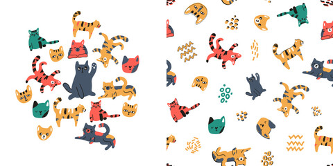 Vector childish hand drawn seamless pattern of cats or kittens on white background. Separate cat animals concept.
