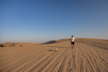 Obraz premium Man with small brown dog running on St. Anthony sand dunes, Idaho, USA