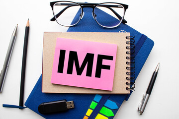 abbreviation IMF on a pink leaf, business concept - obrazy, fototapety, plakaty