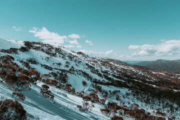 People in winter enjoying&nbsp;the snowy mountains where are practised plenty of activities such as skiing and snowboarding&nbsp;with a clear sky and some clouds on the horizon.