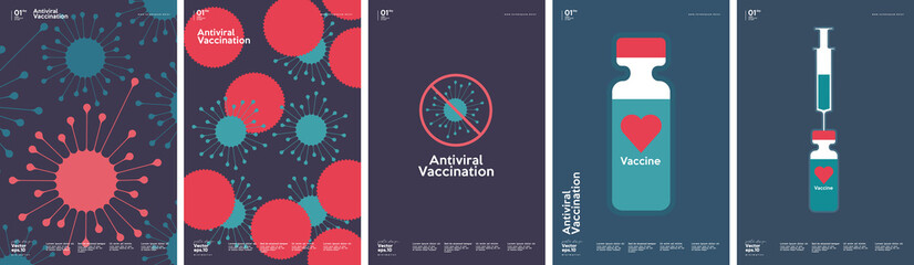 Vaccination. Set of vector illustrations. Simple, fun, background pictures about vaccine action, immunity, health.  - obrazy, fototapety, plakaty