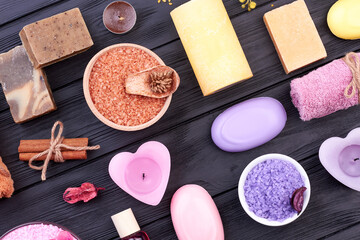 Spa treatment accessories top view flat lay.