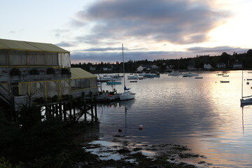 Fototapeta premium Boats anchored at dawn in Bass Harbor, Maine