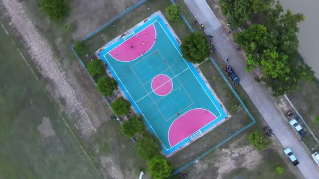 aerial view futsal court, children playing futsal  