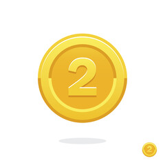 First place. Second place. Third place. Golden medal. Coin icon. Vector money symbol. Bank payment symbol. Golden coin. Achievement badge. Reward badge. Tokens with numbers. 1st, 2nd, 3rd places award