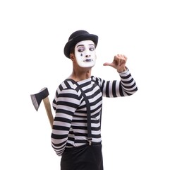Mime with axe isolated on white background