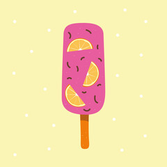 Pink ice cream on a stick with orange slices inside. Vector wallpaper illustration.