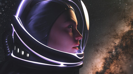 female astronaut with glass helmet and dramatic lighting. 3d render © hutangach