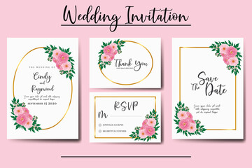Wedding invitation frame set, floral Digital watercolor Pink Peony Flower design Invitation Card Template