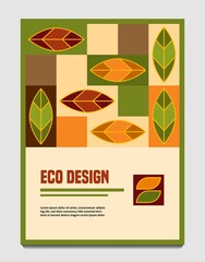 Template for cover, banner, flyer with autumn leaves, rectanlges in simple geometric style. Good for bio products decoration. Eco style. Vector