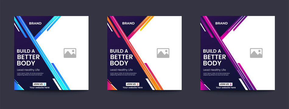 Social media template design set for gym and fitness Blue background abstract Gradient shape Vector design with place for photo Suitable for social media post banner and store web internet