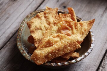 Fried dumpling Chinese food on wood table background