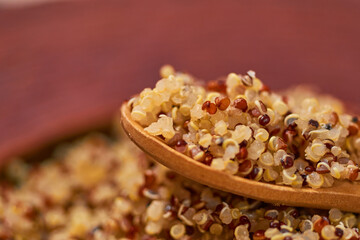 Quinoa cooked in a clay plate. Healthy vegan food concept. Macro Shot
