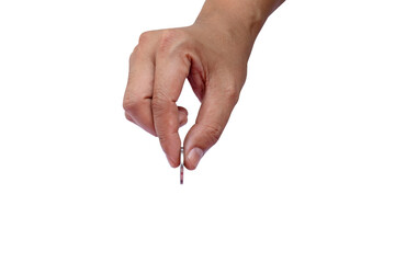 hand holding coin and coin holding gesture on white background