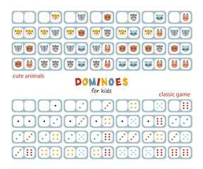 Two full Sets of Dominoes with Cute Forest Animal Faces for Kids and Classic Game. Colorful Domino Stones with Fox, Hare, Wolf, Owl, Bear, Raccoon and Multicolored Dots Drawings. Vector illustration