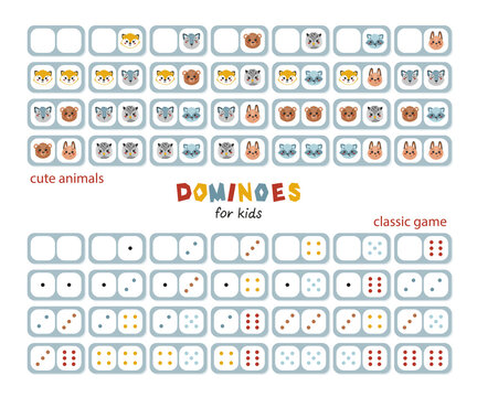 Two full Sets of Dominoes with Cute Forest Animal Faces for Kids and Classic Game. Colorful Domino Stones with Fox, Hare, Wolf, Owl, Bear, Raccoon and Multicolored Dots Drawings. Vector illustration