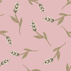 Fototapeta premium Pastel pink colored seamless pattern with beige ear of wheat elements print. Hand drawn nature harvest backdrop.