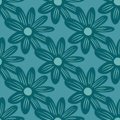 Seasonal seamless pattern with decorative daisy flowers print. Blue background. Blossom ornament.