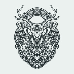 tattoo and t shirt design black and white hand drawn deer engraving ornament