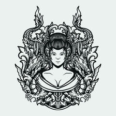 tattoo and t shirt design black and white hand drawn geisha and dragon engraving ornament